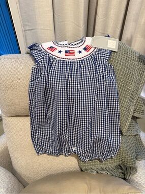 Smocked Navy Gingham Baby One-Piece with Flag Detail